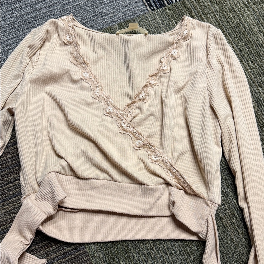 Lace-Trim Ribbed Wrap Crop Top — Nude